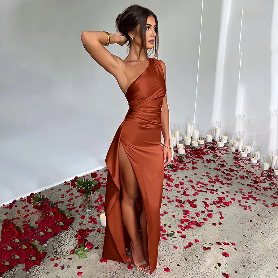 Sexy One Shoulder Satin Long Dress for Women Summer Sleeveless High Split Backless Party Evening Dresses Elegant Cocktail Dress