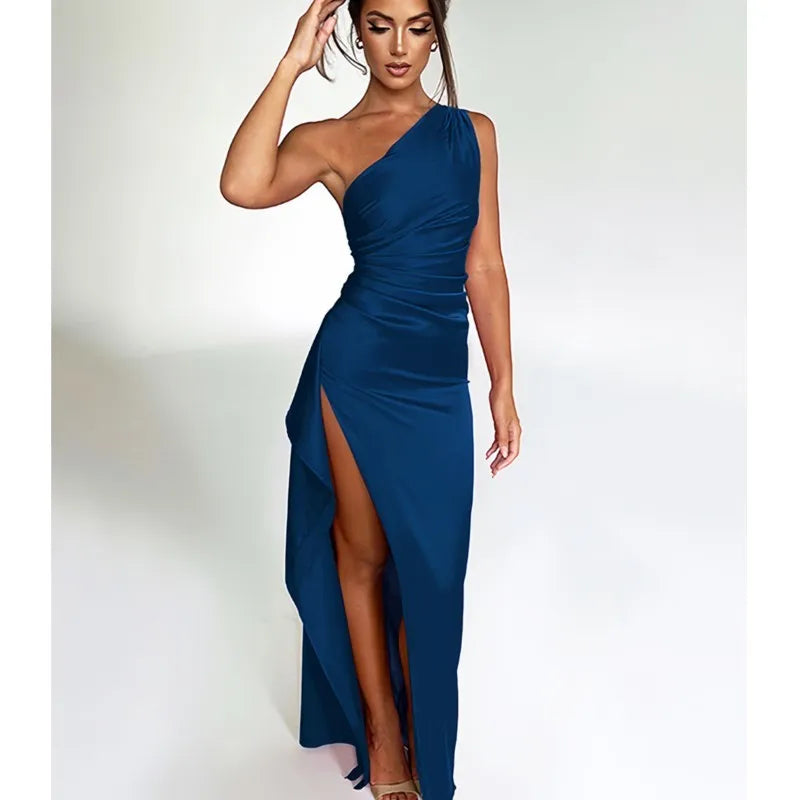 Sexy One Shoulder Satin Long Dress for Women Summer Sleeveless High Split Backless Party Evening Dresses Elegant Cocktail Dress