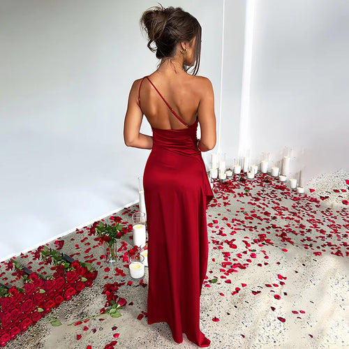 Sexy One Shoulder Satin Long Dress for Women Summer Sleeveless High Split Backless Party Evening Dresses Elegant Cocktail Dress